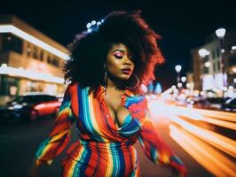 Plus size woman walking confidently through the vibrant neon lit streets AI Generative photo