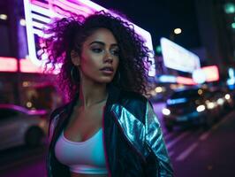 Plus size woman walking confidently through the vibrant neon lit streets AI Generative photo