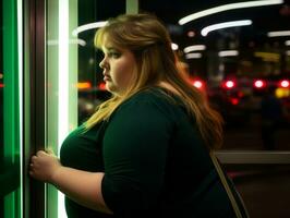 más Talla mujer caminando con confianza mediante el vibrante neón iluminado calles ai generativo foto