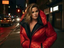 Plus size woman walking confidently through the vibrant neon lit streets AI Generative photo