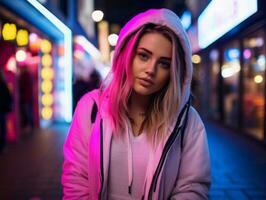 Plus size woman walking confidently through the vibrant neon lit streets AI Generative photo