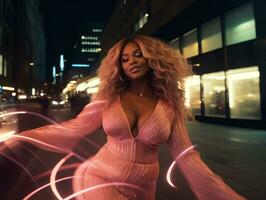 Plus size woman walking confidently through the vibrant neon lit streets AI Generative photo