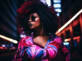 Plus size woman walking confidently through the vibrant neon lit streets AI Generative photo