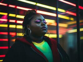 Plus size woman walking confidently through the vibrant neon lit streets AI Generative photo