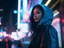 Plus size woman walking confidently through the vibrant neon lit streets AI Generative photo