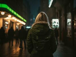 más Talla mujer caminando con confianza mediante el vibrante neón iluminado calles ai generativo foto