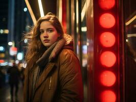 más Talla mujer caminando con confianza mediante el vibrante neón iluminado calles ai generativo foto