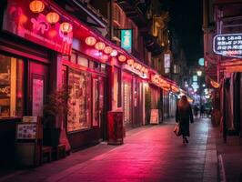 Plus size woman walking confidently through the vibrant neon lit streets AI Generative photo