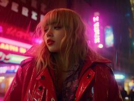 Plus size woman walking confidently through the vibrant neon lit streets AI Generative photo