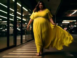 Plus size woman walking confidently through the vibrant neon lit streets AI Generative photo