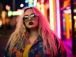 Plus size woman walking confidently through the vibrant neon lit streets AI Generative photo