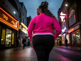 Plus size woman walking confidently through the vibrant neon lit streets AI Generative photo