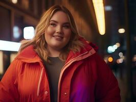 Plus size woman walking confidently through the vibrant neon lit streets AI Generative photo