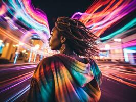 más Talla mujer caminando con confianza mediante el vibrante neón iluminado calles ai generativo foto