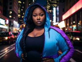 Plus size woman walking confidently through the vibrant neon lit streets AI Generative photo