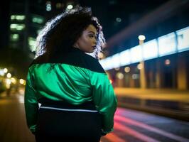 Plus size woman walking confidently through the vibrant neon lit streets AI Generative photo