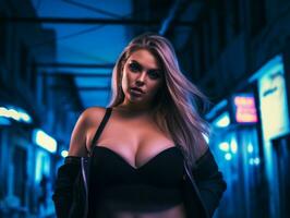 Plus size woman walking confidently through the vibrant neon lit streets AI Generative photo