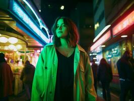 Plus size woman walking confidently through the vibrant neon lit streets AI Generative photo