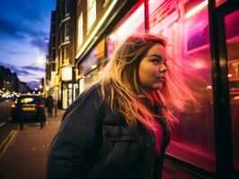 Plus size woman walking confidently through the vibrant neon lit streets AI Generative photo