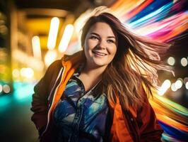 Plus size woman walking confidently through the vibrant neon lit streets AI Generative photo