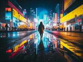 Plus size woman walking confidently through the vibrant neon lit streets AI Generative photo