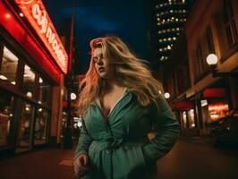 Plus size woman walking confidently through the vibrant neon lit streets AI Generative photo