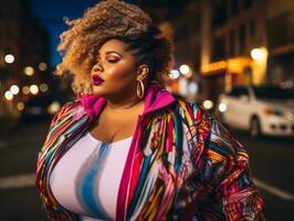 Plus size woman walking confidently through the vibrant neon lit streets AI Generative photo