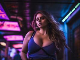 Plus size woman walking confidently through the vibrant neon lit streets AI Generative photo