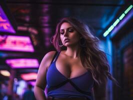 Plus size woman walking confidently through the vibrant neon lit streets AI Generative photo