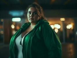 Plus size woman walking confidently through the vibrant neon lit streets AI Generative photo