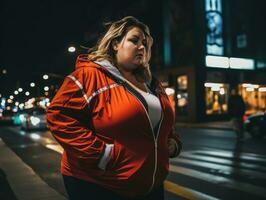 Plus size woman walking confidently through the vibrant neon lit streets AI Generative photo