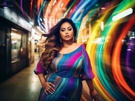 Plus size woman walking confidently through the vibrant neon lit streets AI Generative photo