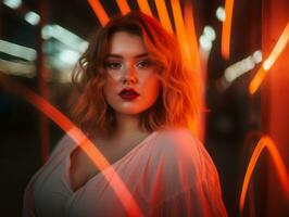 Plus size woman walking confidently through the vibrant neon lit streets AI Generative photo