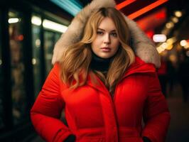 Plus size woman walking confidently through the vibrant neon lit streets AI Generative photo