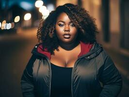 Plus size woman walking confidently through the vibrant neon lit streets AI Generative photo