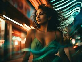 Plus size woman walking confidently through the vibrant neon lit streets AI Generative photo