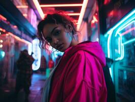 Plus size woman walking confidently through the vibrant neon lit streets AI Generative photo