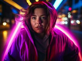 Plus size woman walking confidently through the vibrant neon lit streets AI Generative photo