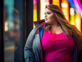 Plus size woman walking confidently through the vibrant neon lit streets AI Generative photo