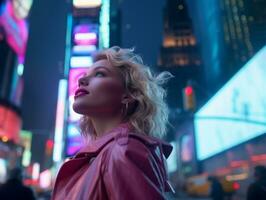 Plus size woman walking confidently through the vibrant neon lit streets AI Generative photo