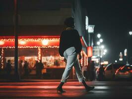 más Talla mujer caminando con confianza mediante el vibrante neón iluminado calles ai generativo foto