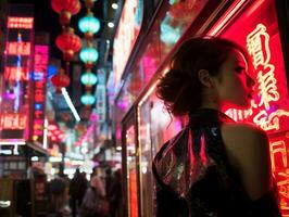 Plus size woman walking confidently through the vibrant neon lit streets AI Generative photo