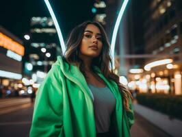 Plus size woman walking confidently through the vibrant neon lit streets AI Generative photo