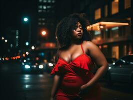 Plus size woman walking confidently through the vibrant neon lit streets AI Generative photo