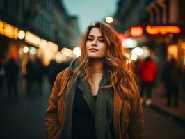 más Talla mujer caminando con confianza mediante el vibrante neón iluminado calles ai generativo foto