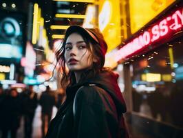 más Talla mujer caminando con confianza mediante el vibrante neón iluminado calles ai generativo foto