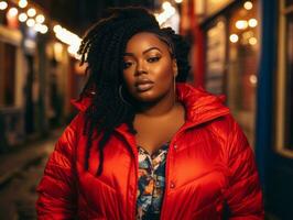 Plus size woman walking confidently through the vibrant neon lit streets AI Generative photo