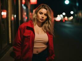 Plus size woman walking confidently through the vibrant neon lit streets AI Generative photo