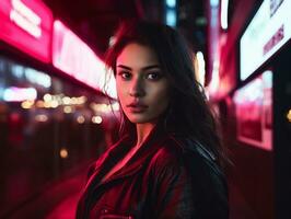 Plus size woman walking confidently through the vibrant neon lit streets AI Generative photo