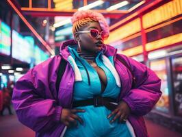 Plus size woman walking confidently through the vibrant neon lit streets AI Generative photo